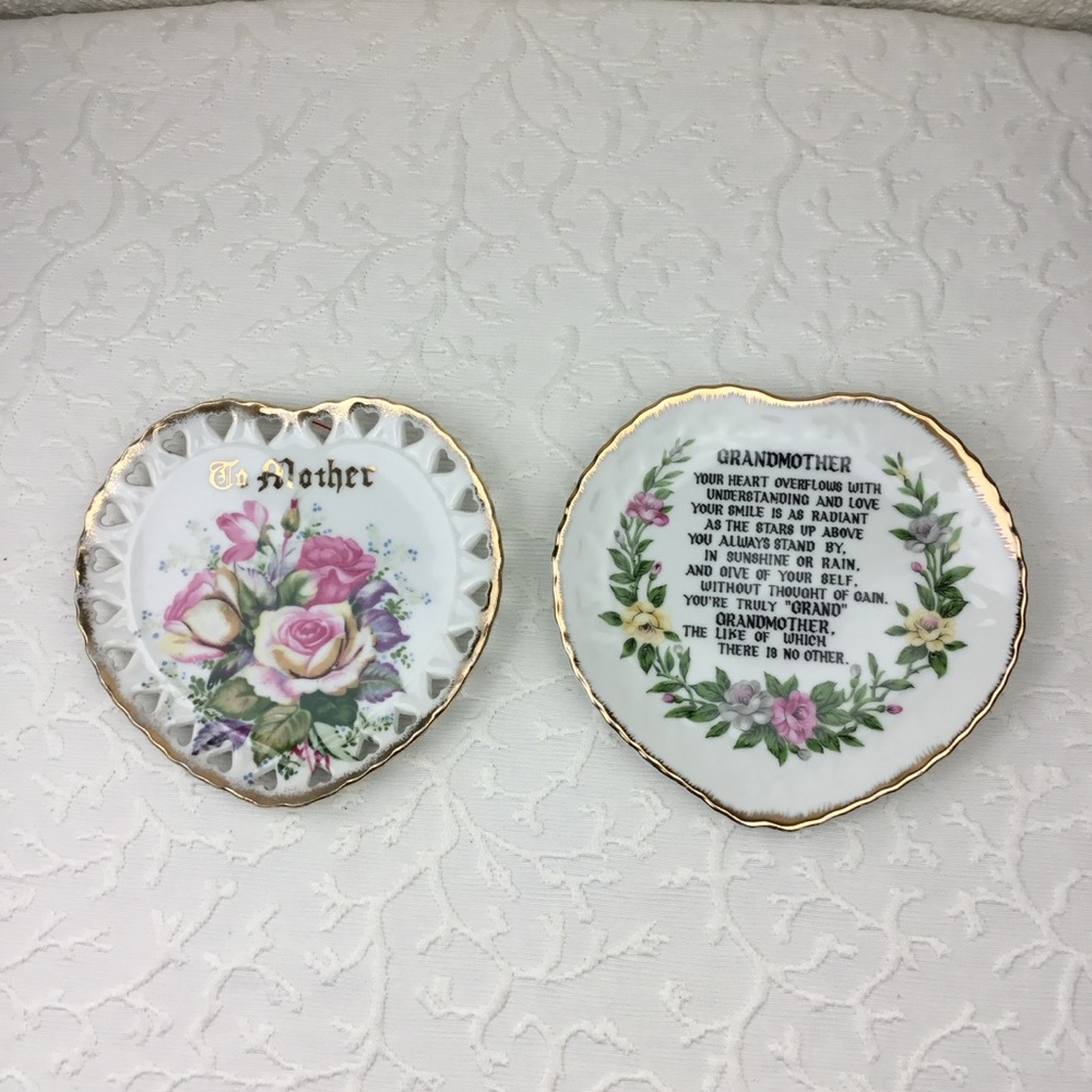 Heart Shaped Floral Porcelain Trinket Dishes with Gold Trim - Pink Roses